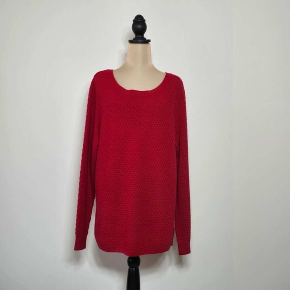 Lands End Red‎ Textured Crew Neck Long Sleeve Sweater Top Women XL